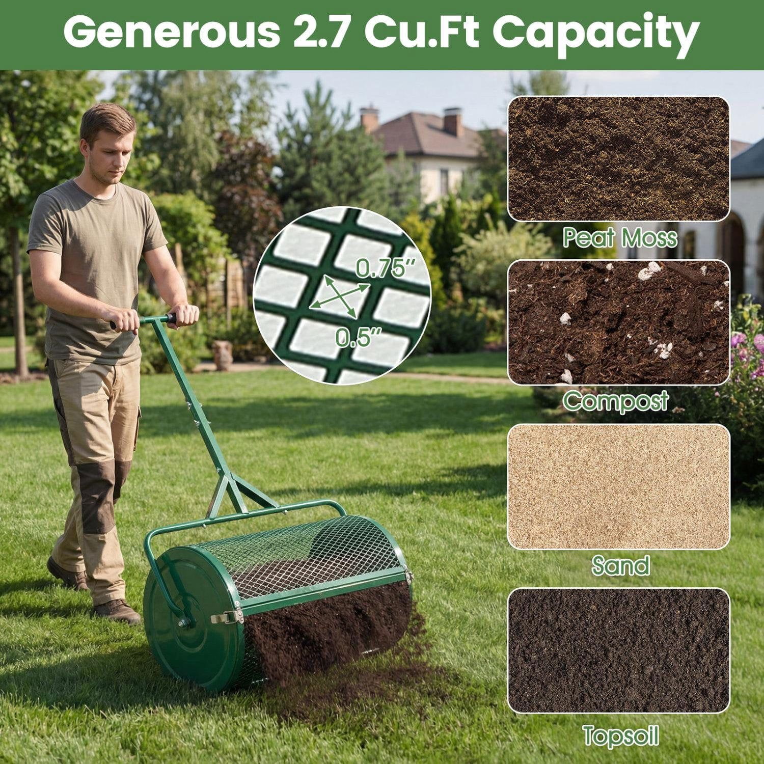 Resenkos 24 Inch Heavy Duty Peat Moss Spreader Roller, Height Adjustable T Handle Lawn Compost Spreader for Topsoil Sand and Lawn Care, Green