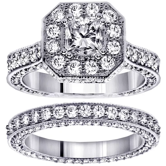 4.45CT Lab Grown Diamond Princess Engagement Bridal Set Ring 14K White Gold Fine Jewelry for Women Gifts