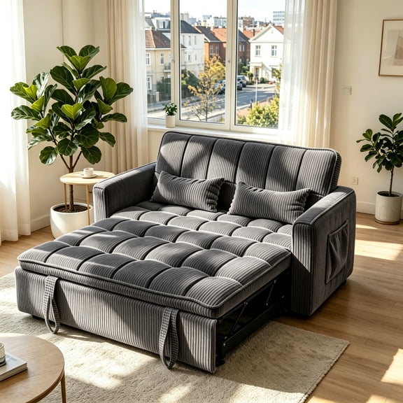Anpport 3-in-1 Convertible Sleeper Sofa Bed, Pull-Out Loveseat Couch with Adjustable Back for Small Spaces, Velvet Fabric, 55", Black