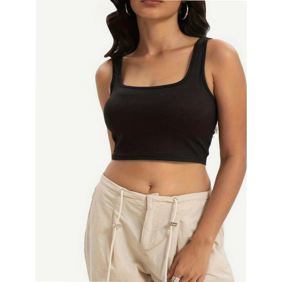 Women's Sleeveless Strappy Tank Square Neck Double Layer Workout Fitness Casual Basic Crop Tops