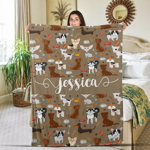 Personalized Dog Fleece Blanket, Cute Dogs Blanket, Custom Name Soft Cozy Fleece Blanket