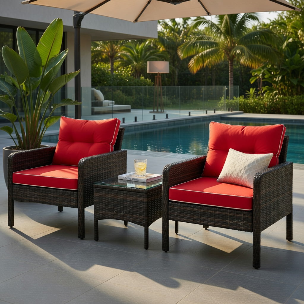 Hommoo 3-Piece Outdoor Wicker Patio Conversation Set, PE Rattan Chairs + Coffee Table with Removable Cushions, Red
