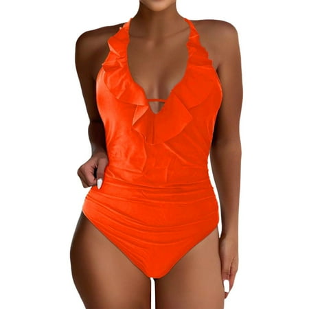 Biziza Backless One Piece Swimsuit for Women Trendy with Built in Bra Orange Padded Basic Tummy Control Swimsuits 2025 V Neck Spandex Solid Color Bathing Suits