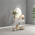 thumbnail image 6 of Oatmeal Beige Boho Style Console Table - a narrow entryway table with 2 drawers, an open storage shelf, and rounded corners. also as a sofa table., 6 of 7