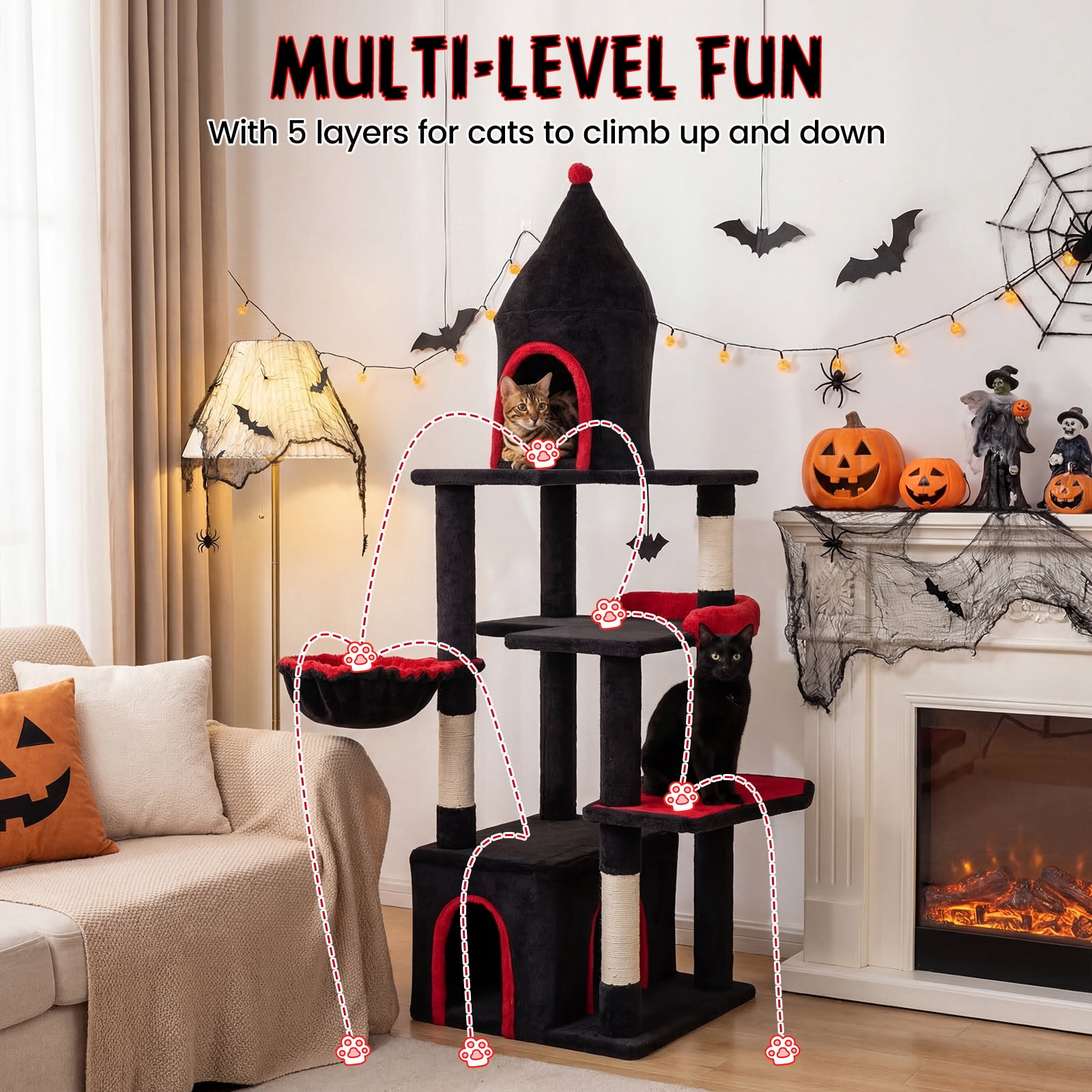 Gymax 63'' Gothic Cat Tree w/ Condo Top Cave Sisal Scratching PostsBat Hanging Toy