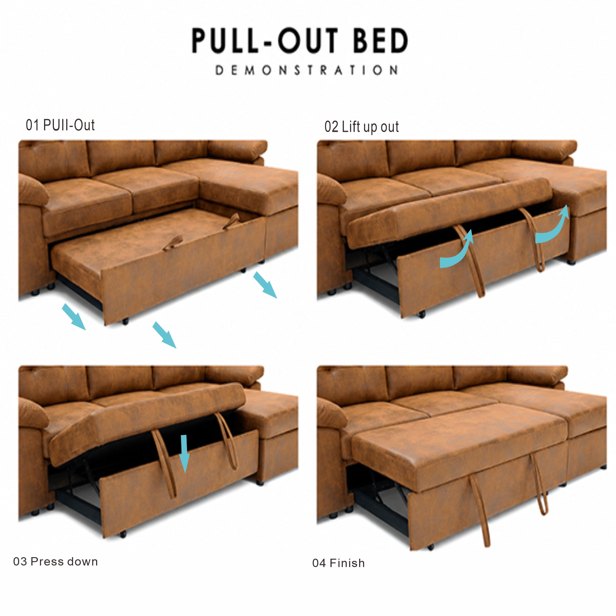 BSHTI 88.5" Polyester Fabric L-Shaped Sectional Sleeper Sofa Bed with Pull-Out Bed, Storage Chaise for Living Room( Light Brown)