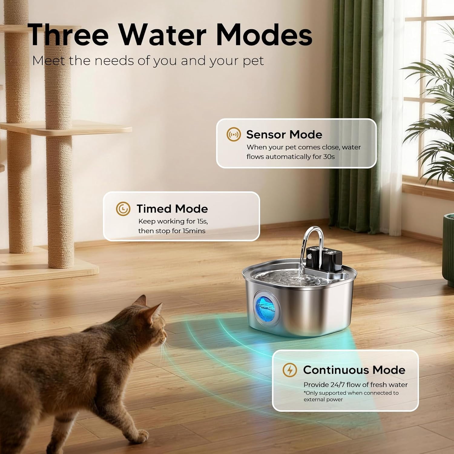 Stainless Steel Cat Water Fountain: 108oz/3.2L Wireless Cat Fountain Battery Operated for Drinking Indoor, Automatic Pet Water Dispenser Bowl with Ultra Quiet Pump, Easy Clean BPA-Free, 1Filter