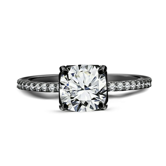 JeenMata Delicate 1.75 ct Cushion Cut Moissanite - Simple Thin Pave Band - Solitaire Gothic Engagement Ring in 18K Black Gold over Silver