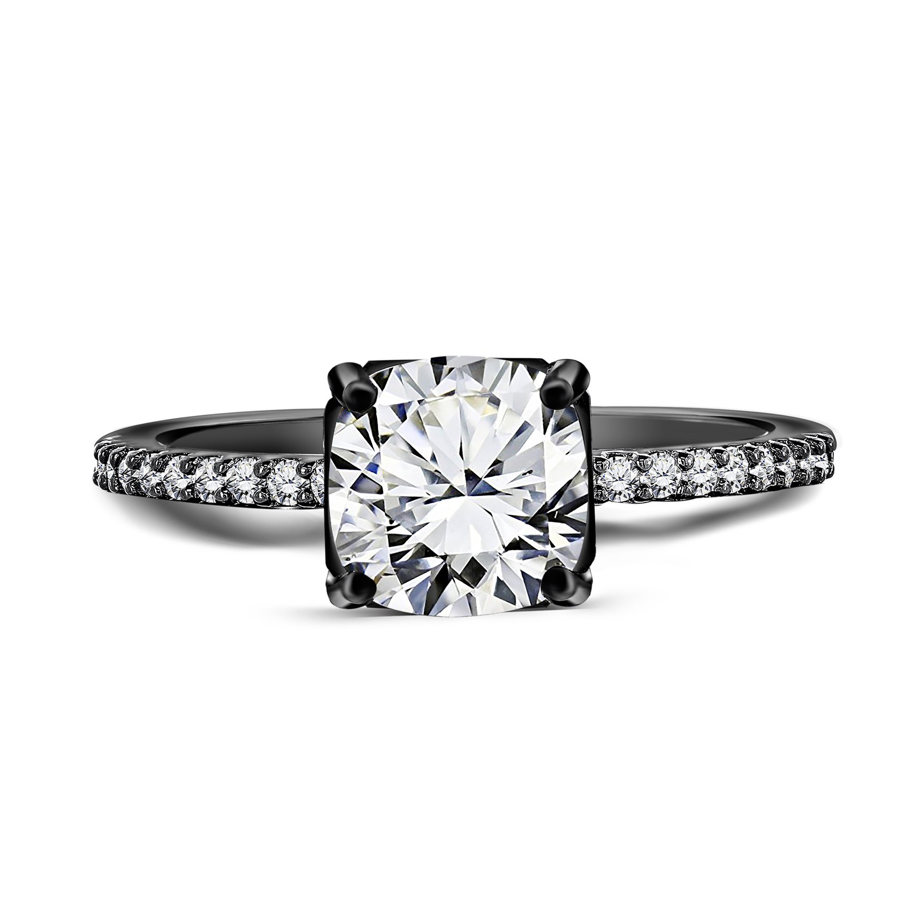 JeenMata Delicate 1.75 ct Cushion Cut Moissanite - Simple Thin Pave Band - Solitaire Gothic Engagement Ring in 18K Black Gold over Silver