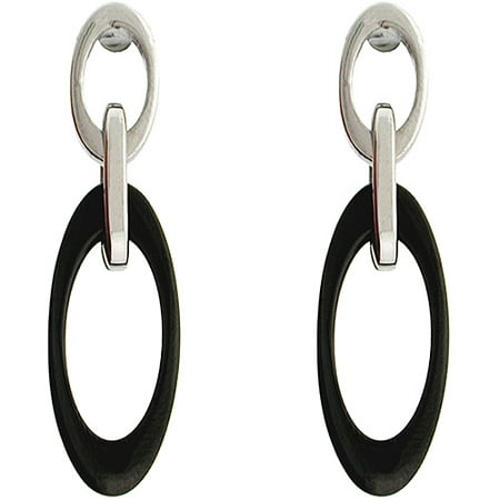 Stainless-Steel and Black-Plating Oval Drop Earrings