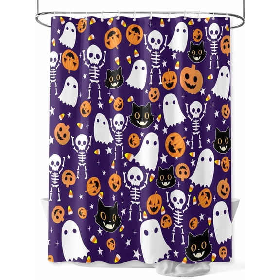 Fsddascl Halloween Purple Shower Curtain Set - Long 72" x 84" Washable Bathtub Curtain with 12 Hooks, Black White Ghost Orange Skull Pumpkin Waterproof Fabric Stall Shower Curtains for Bathroom