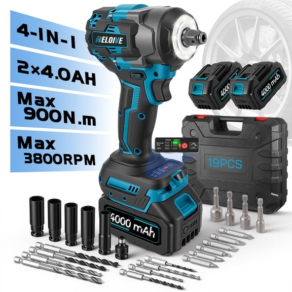 RELOIVE Cordless Impact Wrench Kit,663.8 FT-lbs(900N.m) Max Torque,1/2" Heavy-Duty Brushless Motor,4-IN-1 Electric Impact Driver,2 x 4.0Ah Batteries for Car Home Repair