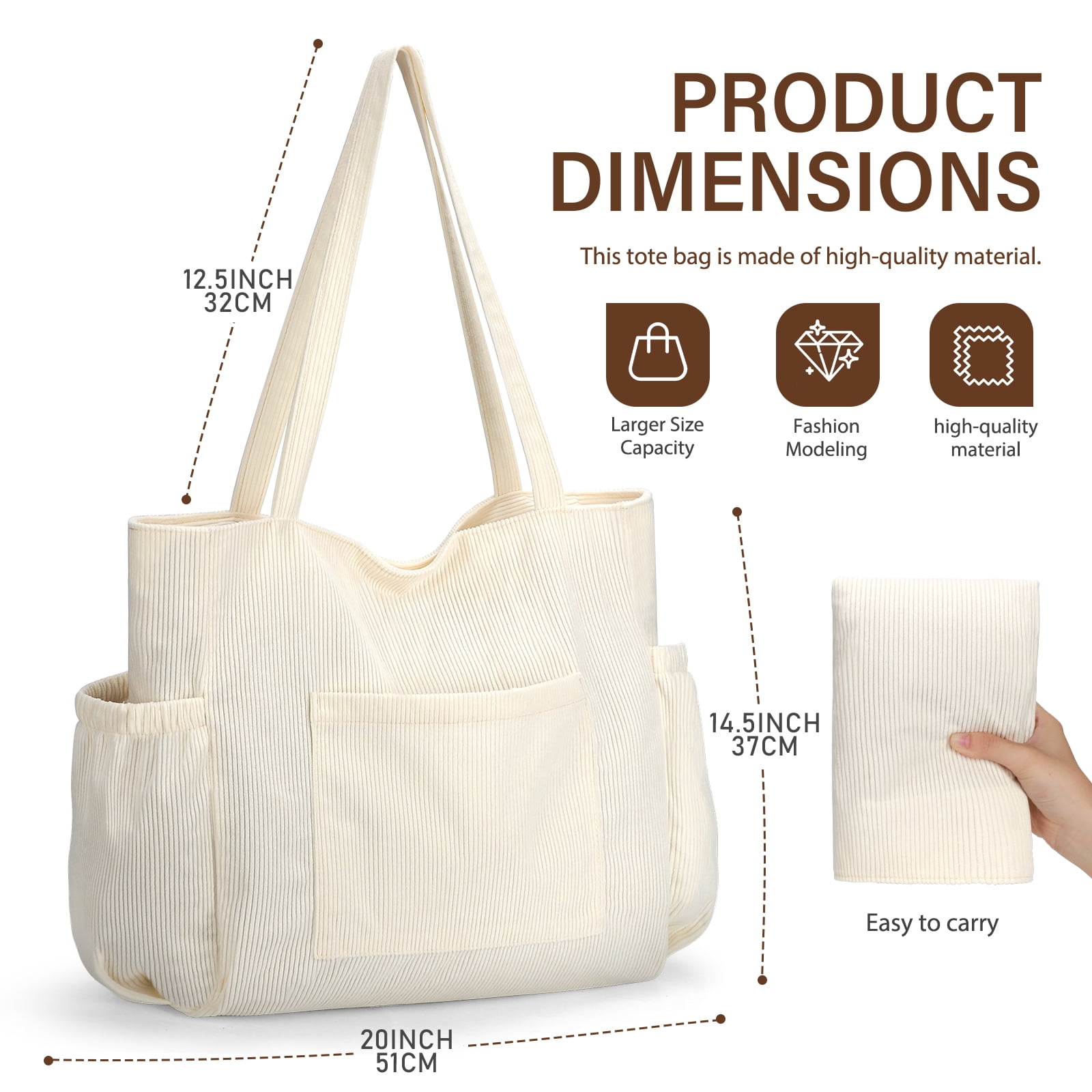 Gocvo Multiple Pockets Corduroy Bag, Large Tote Bag for Women, Ladies Bag Casual Hobo Handbags(Beige)