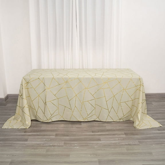 Efavormart 90"x132" Beige Rectangle Polyester Tablecloth With Gold Foil Geometric Pattern