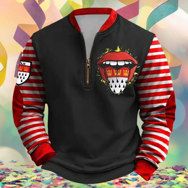 Ceisia Men's Carnival Red Lip Jester Print Half-Zip Long Sleeve Sweatshirt Black Red White Stripe Gifts