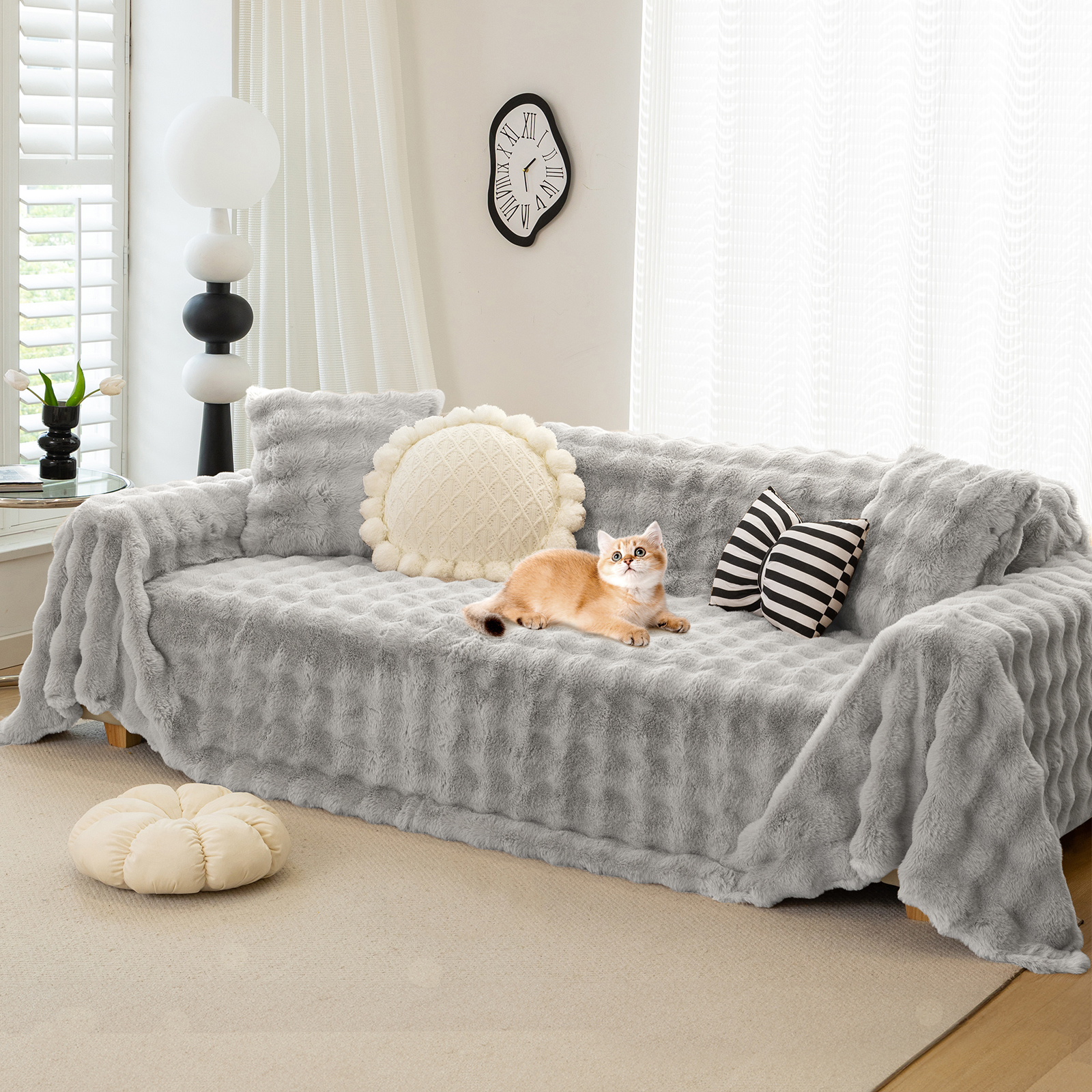 WOOW DEPOT Warm Faux Rabbit Fur Sofa Cover Machine Washable, Thick Throw Blanket L Shape Slipcover for 2 - 3 Cushion Couch, Light Gray 71"x118"