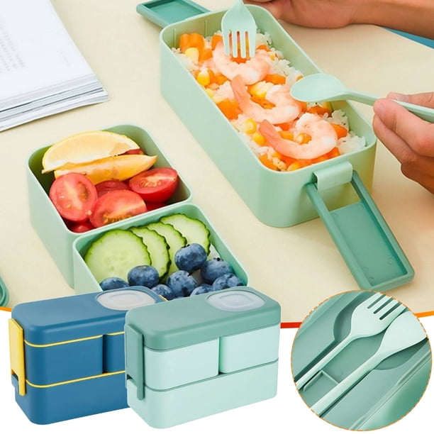 Lonchera Portátil de Doble Capa para Estudiantes, Ideal para Oficinistas, Lonchera Rectangular de Doble Capa con Tenedor y Cuchara, Ideal Como Regalo.