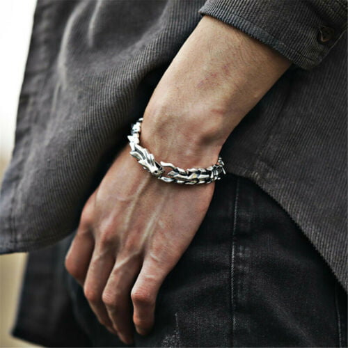  Viking Dragon Stainless Steel Bracelet for Men - Silver Color  Ouroboros or Jormungandr Dragon Jewelry - Norse, Asian or Japanese Style  Metal Bracelet for Men, Bikers, Viking and Dragon Lovers: Clothing