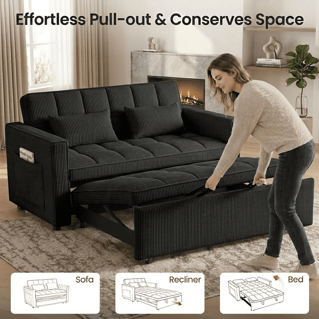 Howcool Sleeper Sofa Bed, Pull Out Couch, 3-in-1 Convertible Loveseat Sofa with Adjustable Backrest, Corduroy Couch for Living Room, Apartment & Small Space, Black