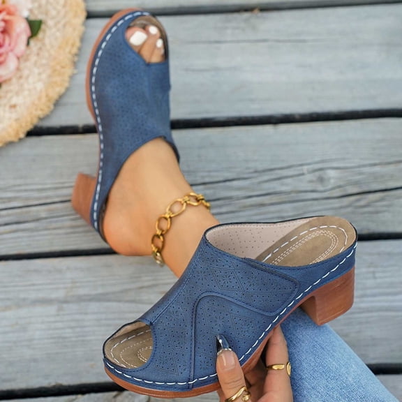 Comfortable Womens Sandals Women's Fashionable Casual Spring And Summer Trendy Solid Color Half-Covered Head High-Heeled Slippers,Navy,42