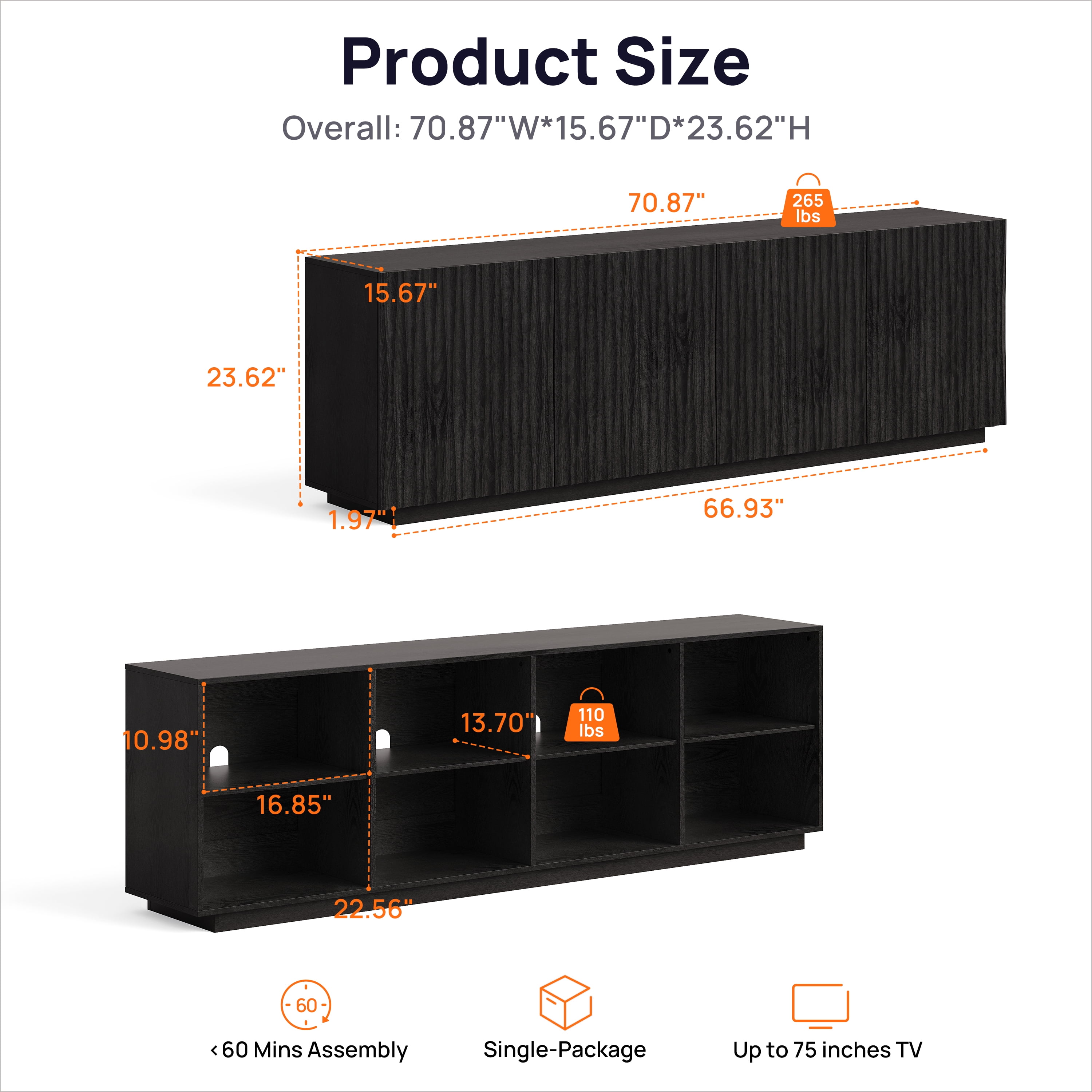 CHIC HOUSE 70" Fluted TV Stand for TVs up to 75", Mid-Century Modern Tall Media Cabinet with 4 Doors & Shelves, Wave-Inspired Wooden TV Console for Living Room, Bedroom, Black