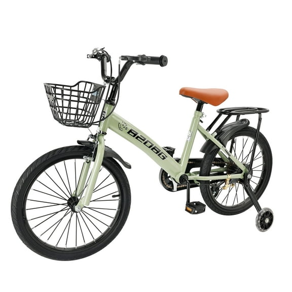 Kids Bike, 18 Inch Children Bikes for Boys Girls Age 6-10 Years old with Lighting Training Wheels, Basket, Dual Brake, Kids Bicycle Green