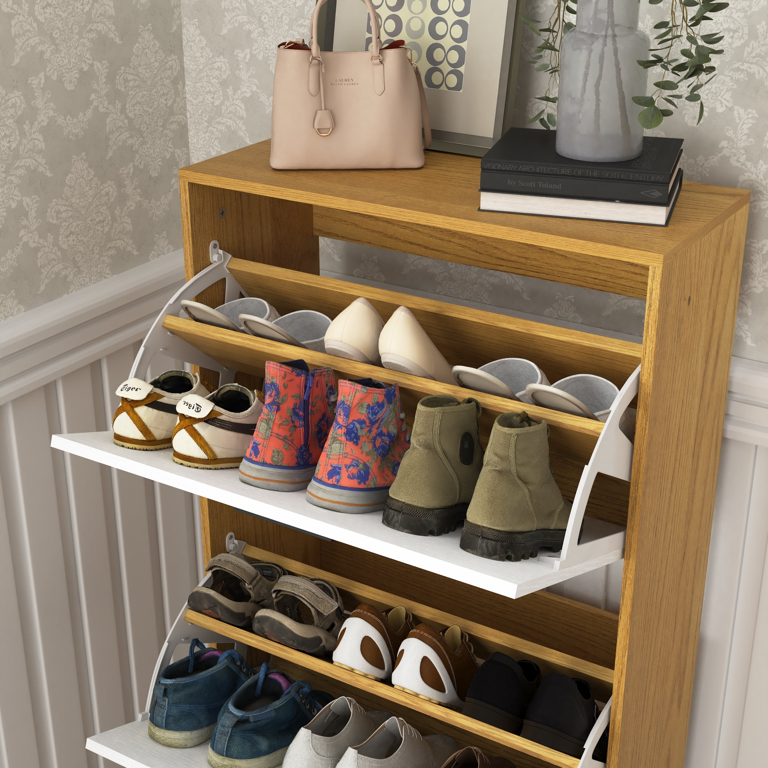 MAYEERTY 4-Tier Shoe Cabinet with Drawer, Freestanding Wooden Storage with Adjustable Shelves, Natural