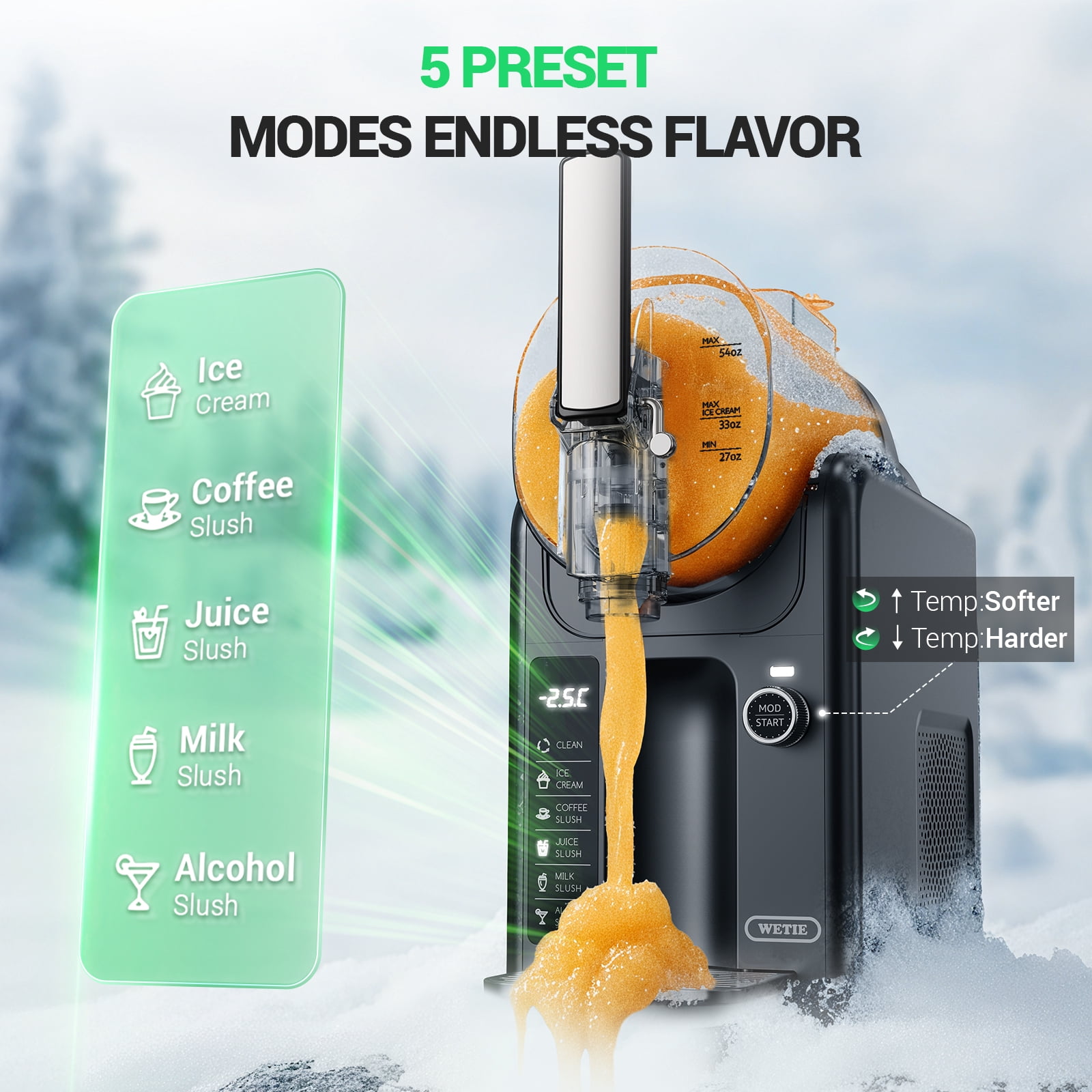 Slushie Machines, WETIE 82oz 5-in-1 Frozen Drink & Ice Cream Maker w/ LED Display, Adjustable Hardness, 24H Continuous Use