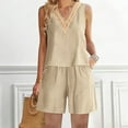 thumbnail image 2 of BLVB Linen Shorts Sets Women 2 Piece Outfits Lace Trim V Neck Tank Top High Waisted Shorts Lounge Sets Summer Boho Beach Outfits, 2 of 7