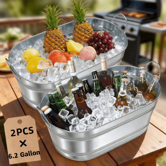 Gamexcel 2Pcs of 23L(6.2 Gallon) Beverage Tub Galvanized Seafood Ice Buckets for Parties, Wine, Beer
