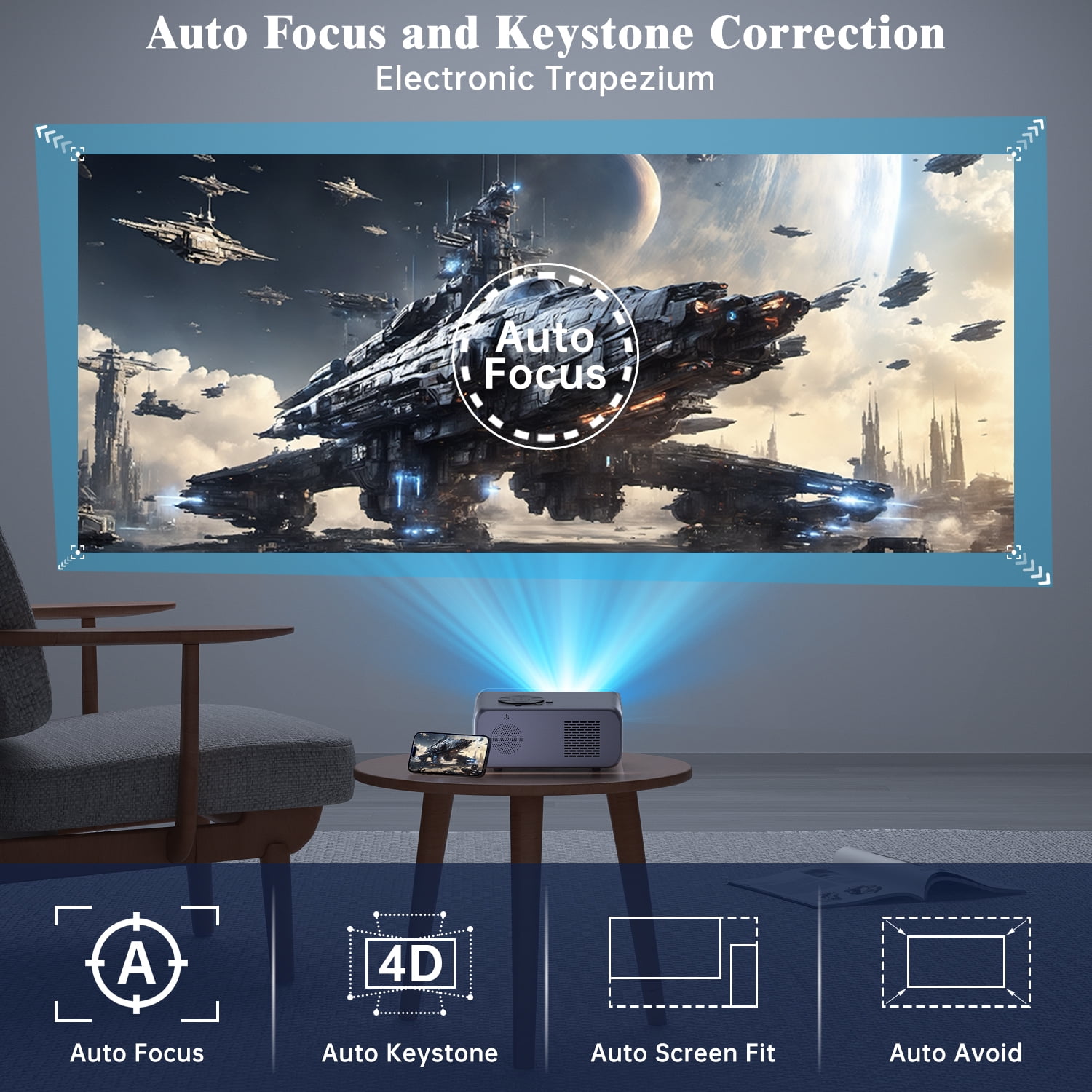 Projector with WiFi and Bluetooth, Native 1080p Projector 4K Support, Outdoor Movie Projector with Auto Focus, Smart Home Theater Projector Compatible with Android/iOS