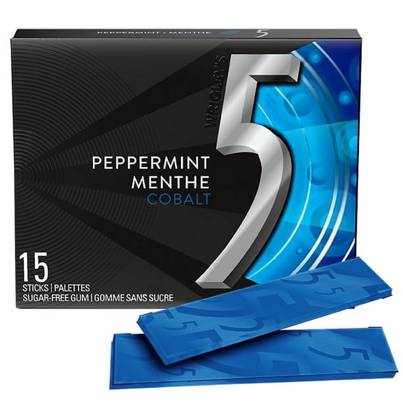 5 GUM, Peppermint-Cobalt Flavoured Sugar Free Chewing Gum, 15 Sticks, 1 Pack