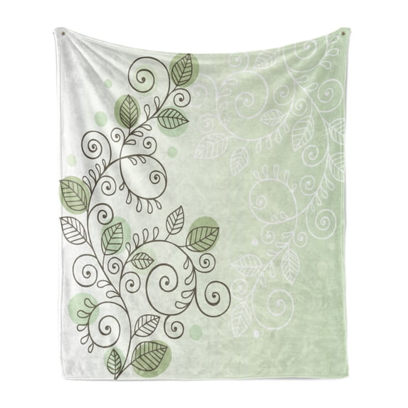Leaf Soft Flannel Fleece Throw Blanket, Natural Fantasy Arrangement with Intricate Swirling Vines and Leaves, Cozy Plush for Indoor and Outdoor Use, 50" x 70", Pale Green Army Green, by Ambesonne