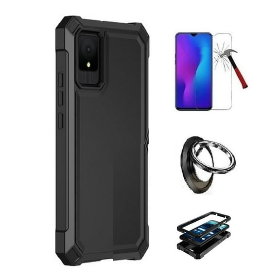 Phone Case for TCL K11, Full Body TPU Cover Case Ring/ Tempered Glass (Black)