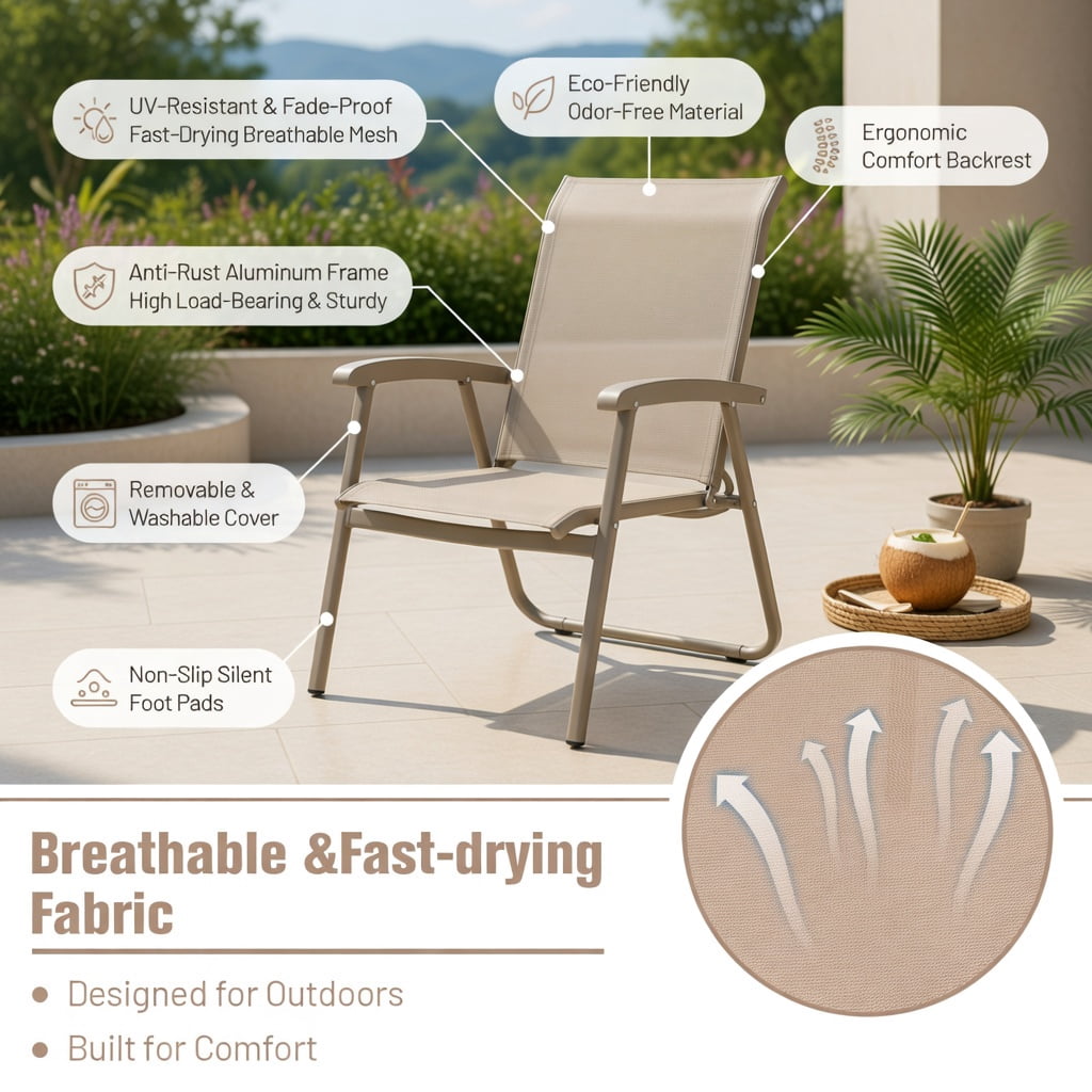 Hommoo 2-Pack Stackable Outdoor Dining Chairs with Armrests, Rust-Resistant Steel Frame, Breathable Fabric Seat, Patio Chairs for Deck, Garden, Poolside, Brown