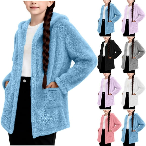 Jinhomg Girls Fuzzy Fleece Jacket Fall Winter Faux Fur Coat Sherpa Jacket Casual Loose Open Front Cardigan Outerwear with Pockets 5-6 Years