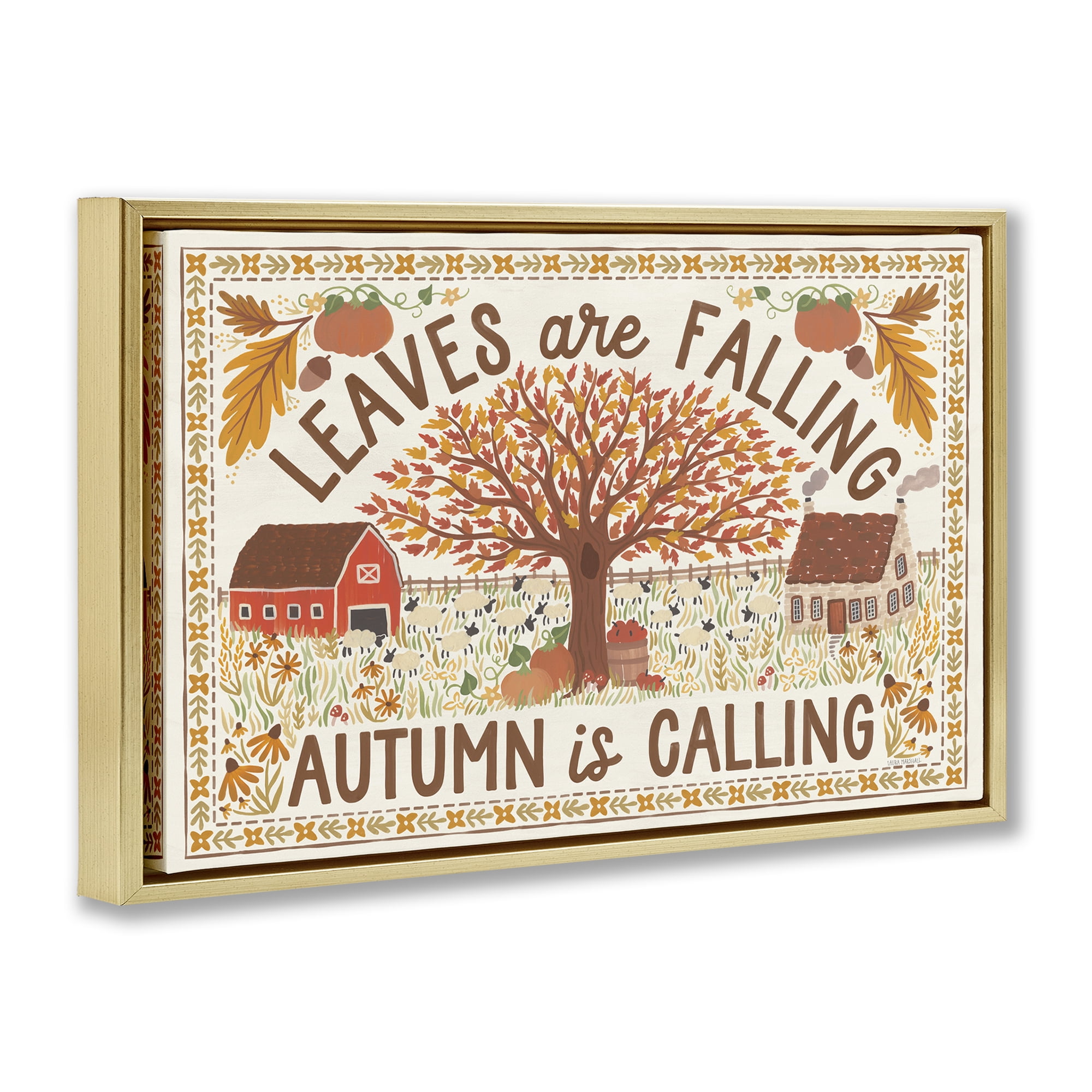 Stupell Industries Leaves Are Falling Scene Landscape Painting Gold Floater Framed Canvas Art Prints Wall Art, 25 x 17