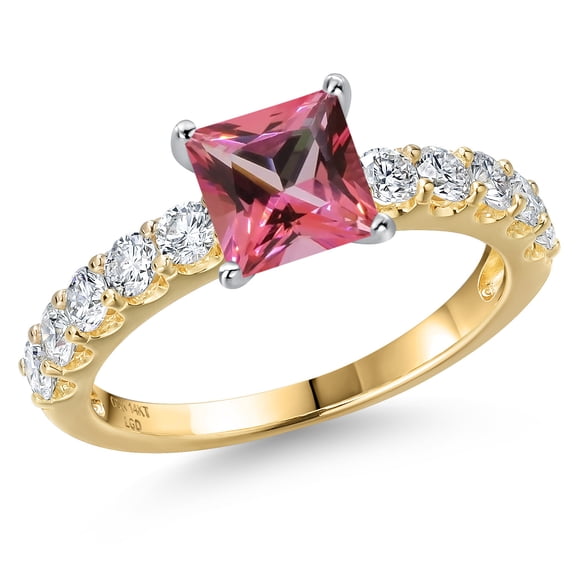 Gem Stone King 14K Two Tone Gold Pink Topaz and Lab Grown Diamond Engagement Ring for Women | 1.95 Cttw | Princess 6MM | Gemstone November Birthstone | Size 8