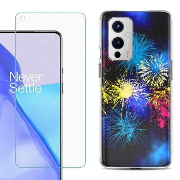 Slim-Fit TPU Phone Case Compatible with OnePlus 9 5G, with Tempered Glass Screen Protector, by OneToughShield ® - Fireworks