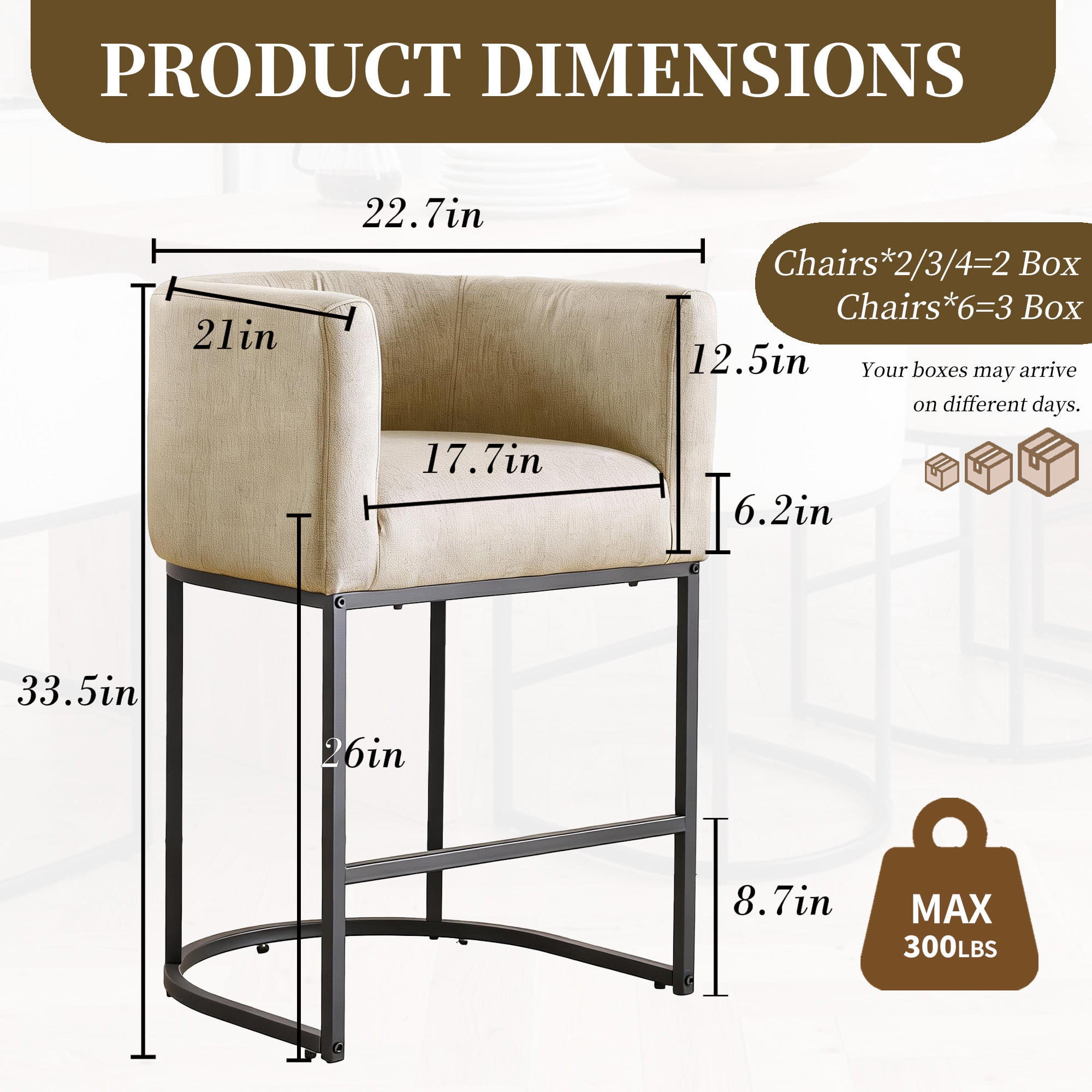 FANCROU 26" H Counter Height Bar Stools Set of 1, Fabric Barrel Stools with Back and Arms, Gamel-Black Leg