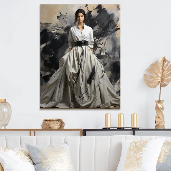 Designart "Vintage Couture Elegance White Woman Portrait" Balenciaga Metal Wall Art, White Metal Wall Decor, Glam Metal Art Decor For Bedroom - 30x40 Inch