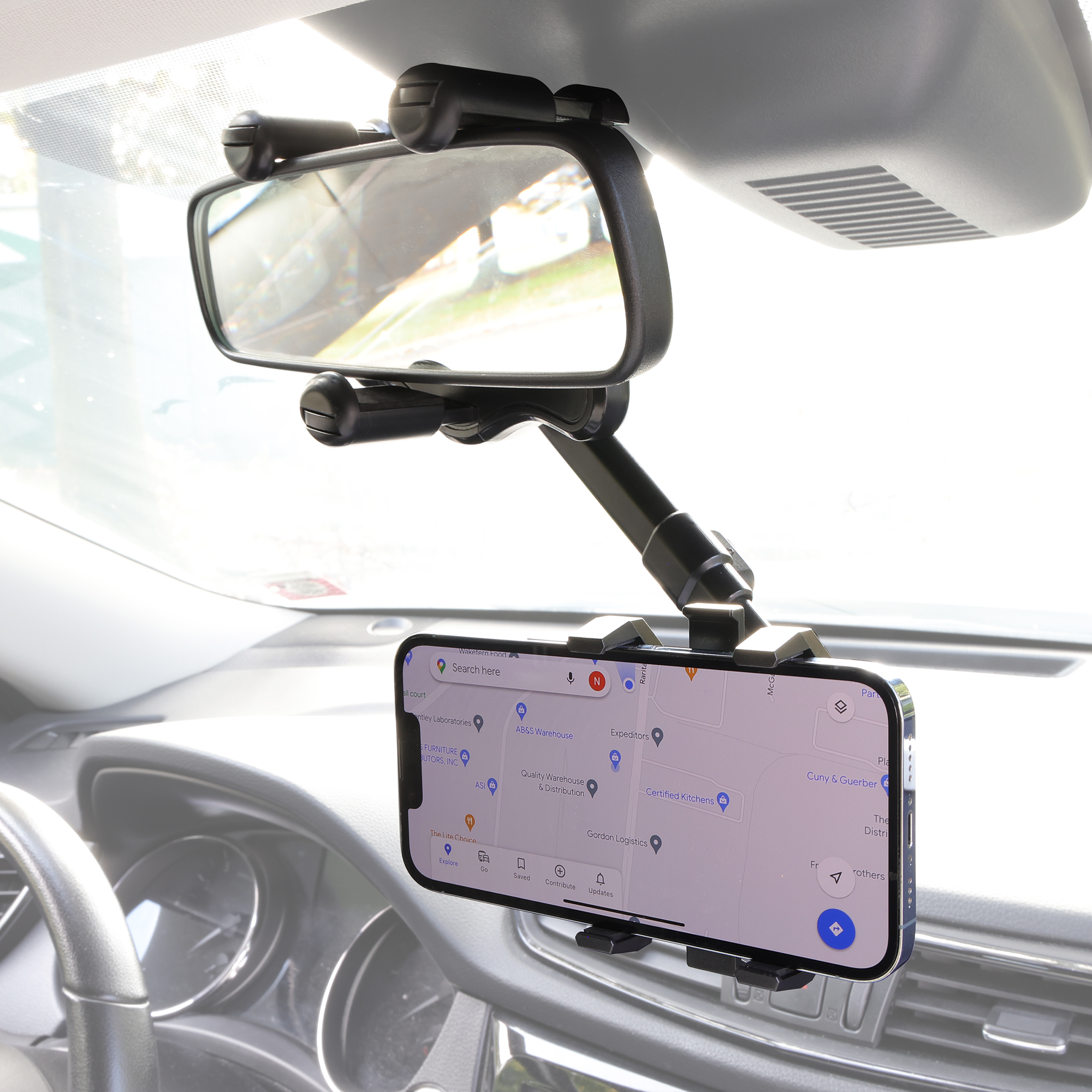 onn. 360 Degree Rearview Mirror Mobile Plastic Black Phone Mount, Universal Multifunctional Design
