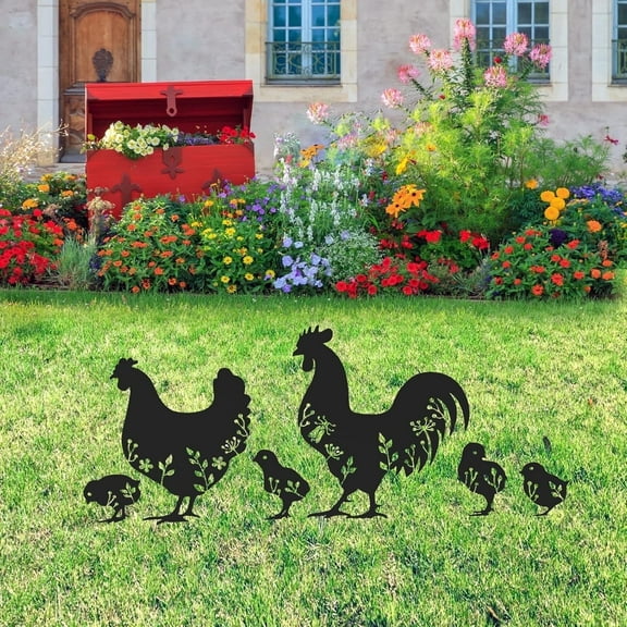 6Pcs Chicken Yard Art Garden Metal Statue Decor, Lifelike Rooster Hen Animals Stakes Outdoor Decorations, Black Hollow Out Chickens Family Silhouette Sets for Farmhouse Pathway Lawn