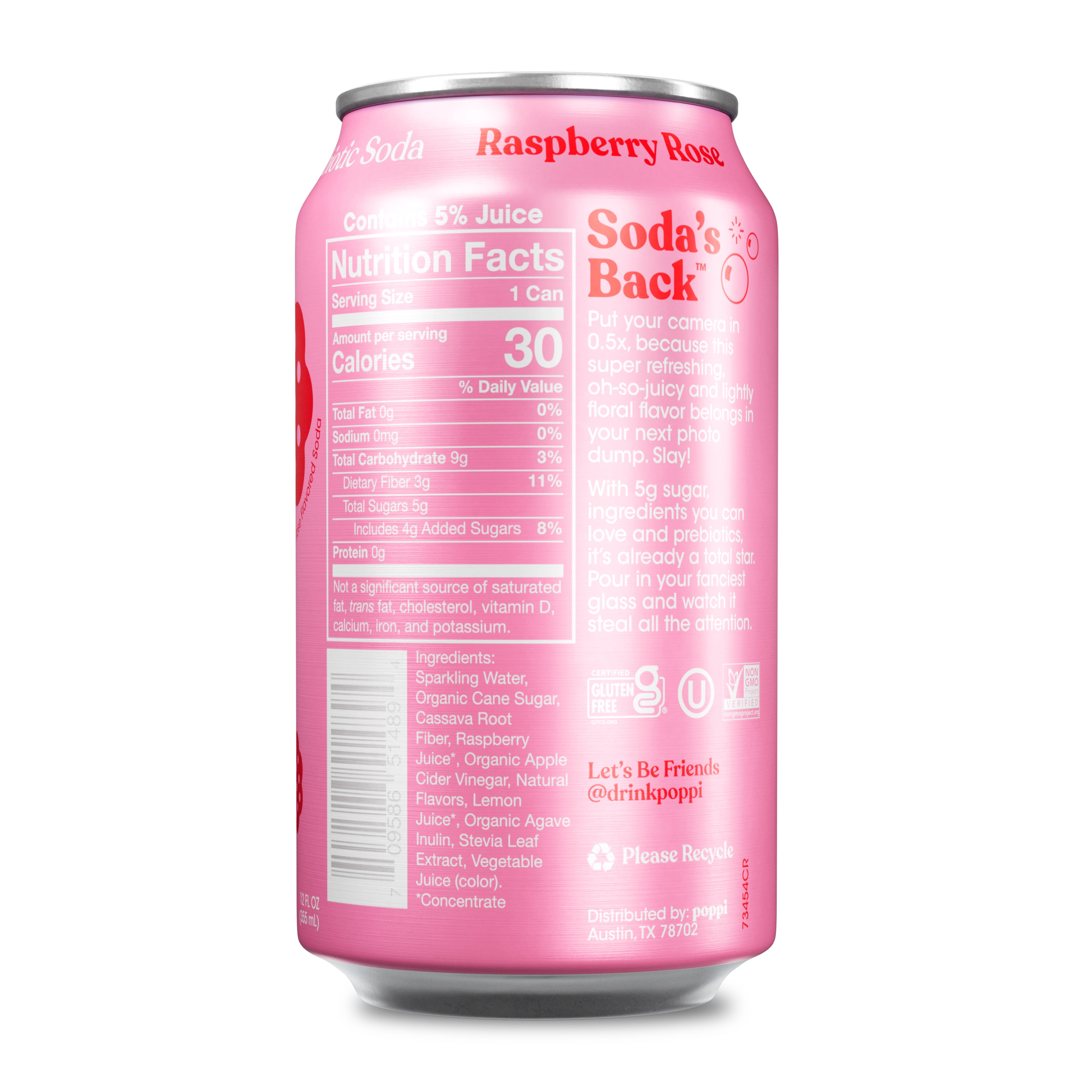 (12 pack) Poppi Raspberry Rose Prebiotic Soda, 12 oz, 1 Pack Can