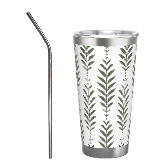 20oz Sage Green Botanical Leaf Insulated Tumbler with Handle and Straw Minimalist Travel Coffee Cup Gift with Stainless Steel Straw