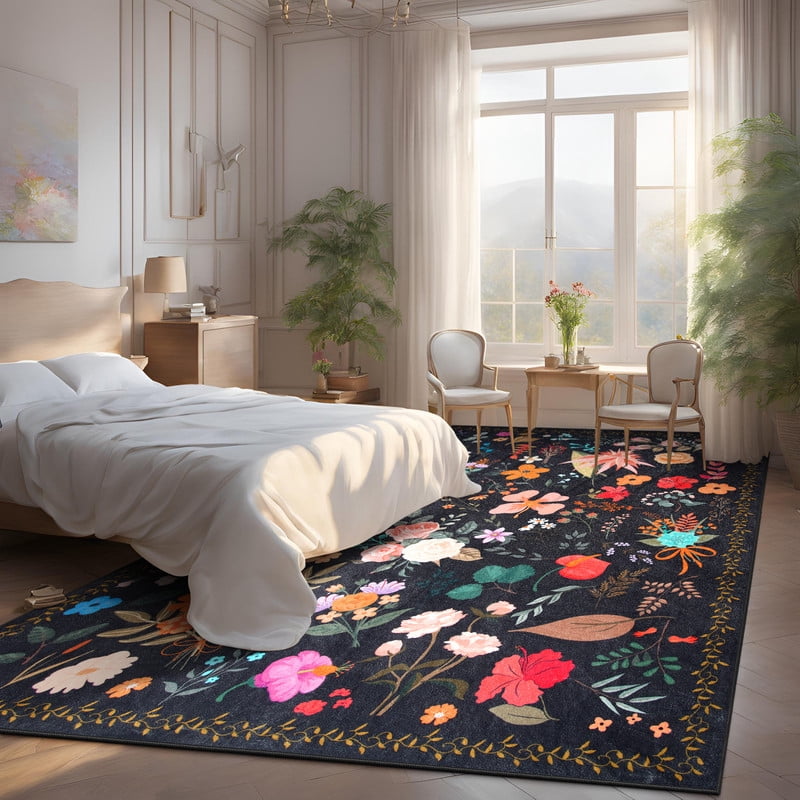 GUUCHA 5'x7'Area Rugs for Living Room Floral Print Rug Floor Carpet for Bedroom,Black