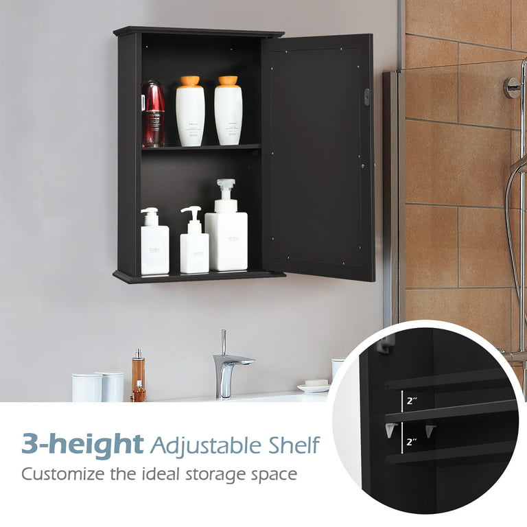 Costway Bathroom Wall Cabinet Single Mirror Door Cupboard Storage Medicine  Cabinet Wood Shelf Grey