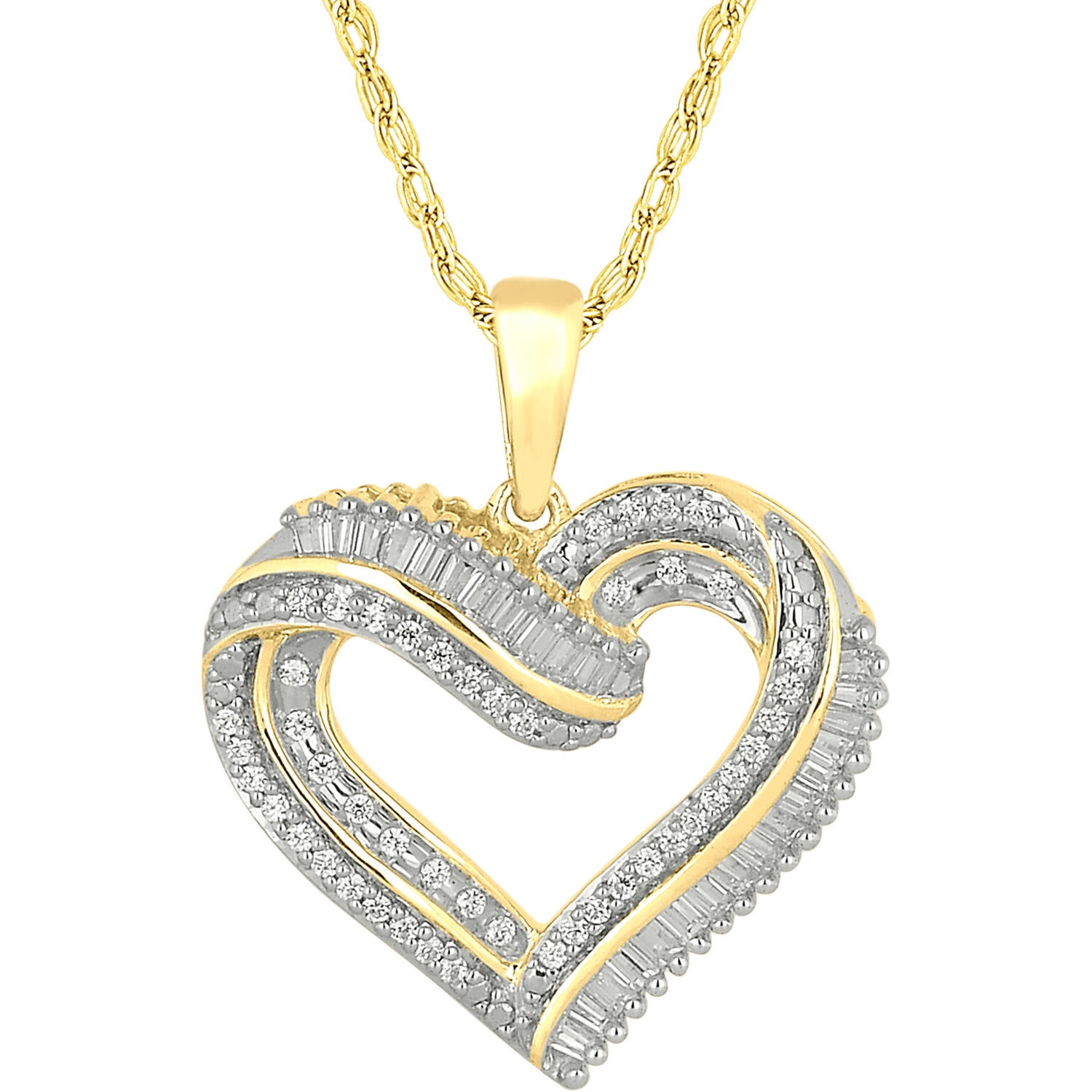 1 3 Carat T.W. Round and Baguette Diamond 10kt Yellow Gold Heart Pendant by INTERJEWEL
