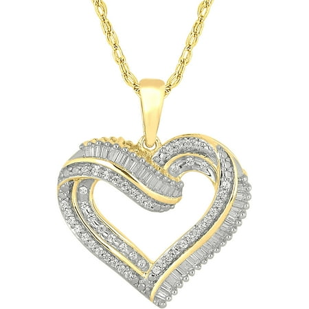 1/3 Carat T.W. Round and Baguette Diamond 10kt Yellow Gold Heart Pendant