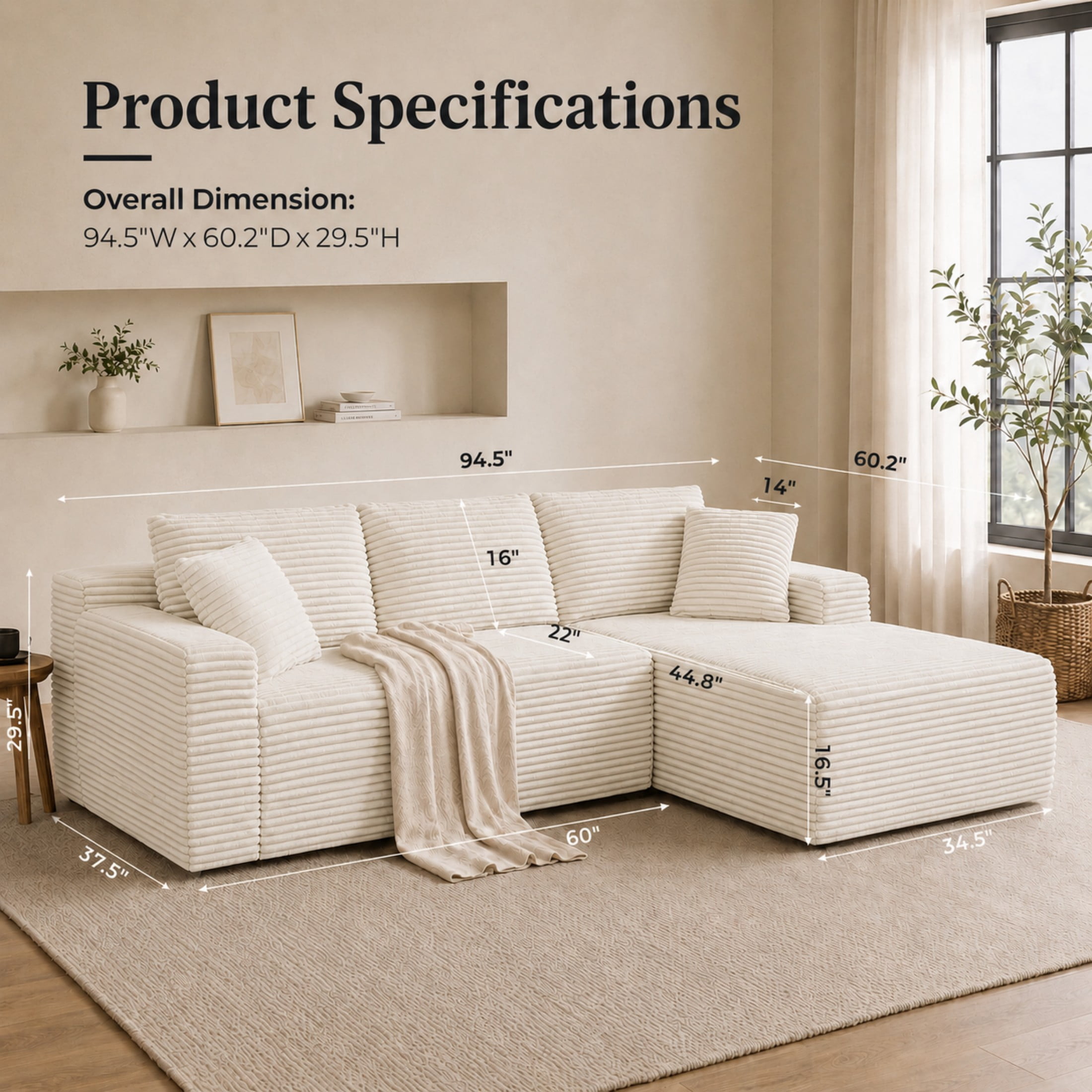 Aenkyo 106 Inch Corduroy L-Shaped Cloud Sectional Sofa with Reversible Chaise, Cream